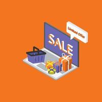 isometric discount sale banner template promotion with laptop vector