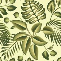 ilustración botánica exótica vintage verde papel tapiz de patrones sin fisuras con hojas de helecho de coco monocromáticas y follaje de plantas sobre fondo beige. textura de impresión de moda. diseño de verano. natural vector