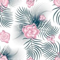 Floral seamless tropical pattern with bright pink flower and blue plant leaves on white background. Jungle leaf seamless vector floral pattern background. Design for fabric, wallpaper or wrap papers