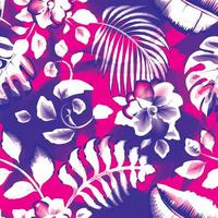 patrón transparente floral abstracto rosa con hojas de plantas tropicales coloridas sobre fondo geométrico. hojas de monstera de plátano claro en rosa. fondo de flores. papel pintado de la naturaleza. diseño de verano. exótico vector