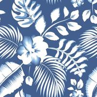 Summer trend seamless background with bright tropical monstera fern leaves and strelitzia flowers, frangipani plant foliage on blue background. Vector design. Jungle print. Floral background. Summer