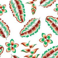 spring seamless background with colorful tropical banana leaves and heliconia flowers on white background. colorful summer floral print. Exotic floral background. summer design. autumn. nature. fall vector