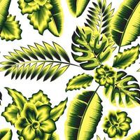 composición tropical con rama de flores de jazmín verde y hojas de helecho monstera patrón sin fisuras sobre fondo blanco. fondo floral. trópicos exóticos. diseño de verano. impresión de la selva. papel pintado de la naturaleza vector