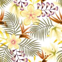 fondo transparente de otoño con coloridas hojas tropicales y hermosas flores sobre fondo claro. diseño vectorial impresión de la selva. fondo floral. trópicos exóticos. diseño de verano. primavera. naturaleza vector