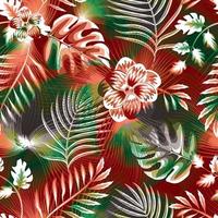 Print summer exotic jungle plant tropical palm leaves and foliage. Pattern, seamless floral vector on colorful geometric background. Nature wallpaper. Contour drawing. Exotic tropics. Summer design