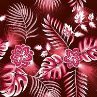 abstract seamless pattern with maroon monochromatic monstera fern leaves, palm leaf and shining jasmine flower plant foliage on night background. Floral background. Exotic summer design. autumn. fall vector