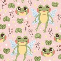 Frog fairy leaves and branches seamless pattern vector illustration
