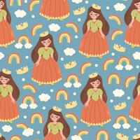 Princess rainbow and clouds seamless pattern vector illustration