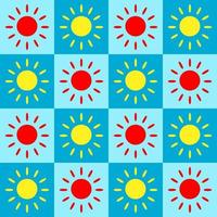 Seamless pattern vector illustration design. Red and yellow sun shine within a blue shade square block or box. Fabric, paper, printing, gift, cloth, cover concepts.