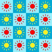 Seamless pattern vector illustration design. Red and yellow sun shine within a blue shade square block or box. Fabric, paper, printing, gift, cloth, cover concepts.