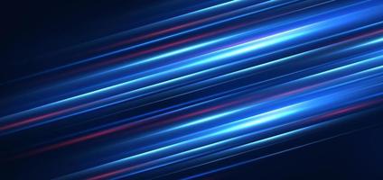 tecnología abstracta líneas de luz azul y roja brillantes futuristas con efecto de desenfoque de movimiento de velocidad sobre fondo azul oscuro. vector