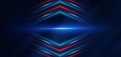 Abstract technology futuristic glowing blue and red light lines with speed motion blur effect on dark blue background. vector