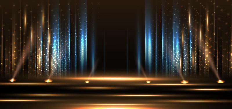 Elegant golden stage vertical glowing with lighting effect sparkle on black background.