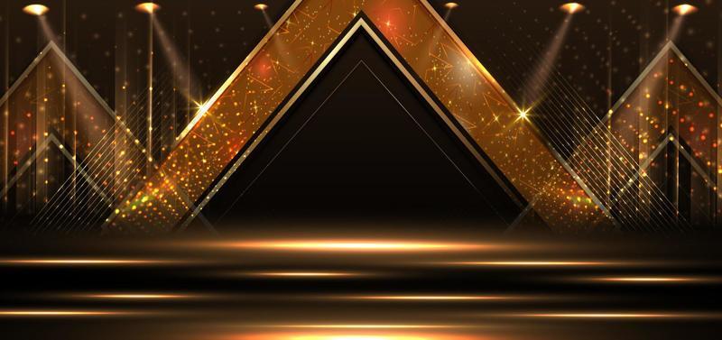 Elegant golden stage vertical glowing with lighting effect sparkle on black background. Template premium award design.