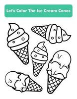 Ice Cream Cones Coloring Book Page In Letter Page Size. Children Coloring Worksheet. Premium Vector Element.