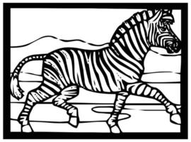 Sketch of a zebra on a black and white background in a frame for comics or coloring. vector