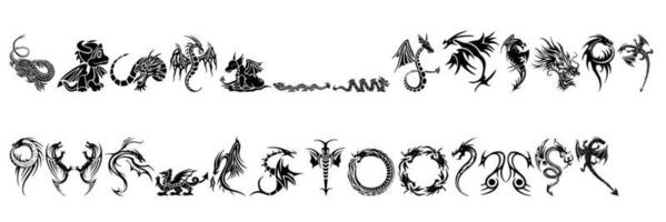una colección de dibujos de dragones para tatuajes o íconos en un fondo blanco y negro vector