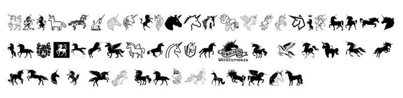 una colección de bocetos de unicornio para tatuajes o íconos en un fondo blanco y negro vector