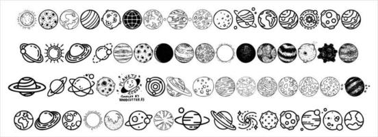 una colección de bocetos planetarios para iconos o logotipos en un fondo blanco y negro vector