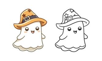 Cute happy ghost wearing witch hat colored and outline doodle cartoon illustration set. Halloween, trick or treat coloring book page activity for kids and adults vector