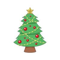 Christmas tree with fairy lights, ornaments and golden star cartoon illustration vector