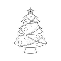 árbol de navidad con luces de hadas, adornos e ilustración de dibujos animados de arte de línea de estrella dorada. página de libro para colorear hoja de trabajo de actividad imprimible para niños. vector