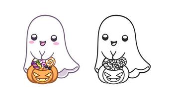 Cute happy ghost holding a pumpkin bucket filled with candy colored and outline doodle cartoon illustration set. Halloween, trick or treat coloring book page activity for kids and adults vector