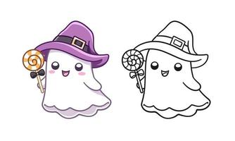 Cute ghost wearing witch hat holding candy colored and outline doodle cartoon illustration set. Halloween, trick or treat coloring book page activity for kids and adults. vector