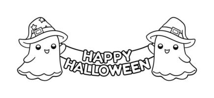 Ghosts with Happy Halloween sign outline vector illustration clipart. Halloween themed coloring book page activity worksheet for kids, children and adults.