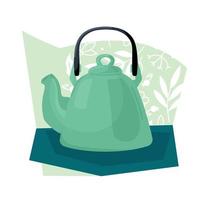 Kettle. Metal teapot on the background of floral ornament. Vector image.