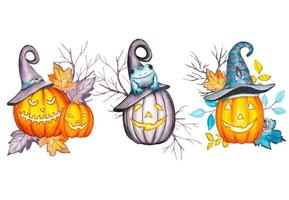 Set of watercolor pumpkins for halloween vector