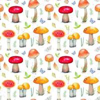 Seamless forest pattern with mushrooms and butterflies vector