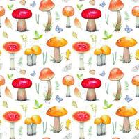 Seamless forest pattern with mushrooms and butterflies vector