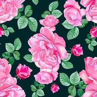 Seamless pattern with pink roses and leaves vector
