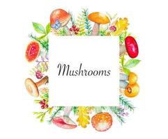 Autumn frame with mushrooms, grass and berries. Watercolor vector