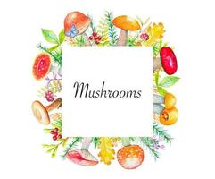 Autumn frame with mushrooms, grass and berries. Watercolor vector