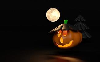 Fiesta navideña de calabaza de halloween en 3d con luna llena, jack o linterna asustada y luz de vela en calabaza, sombrero bajo la luz de la luna para feliz halloween, ilustración de presentación en 3d foto