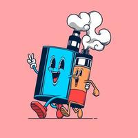 Two vape store mascot walking together. Retro vintage cartoon logo illustration. vector