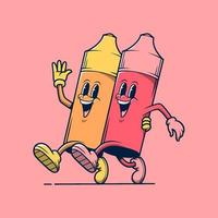 dos mascotas de la tienda de vape caminando juntas. ilustración de logotipo de dibujos animados retro vintage. vector