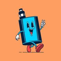 Blue vaping device mascot walking. Retro vintage cartoon logo illustration. vector