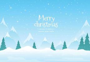 Vector illustration with Falling Snow down on landscape mountain background of the Merry Christmas and Happy New Year