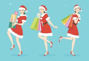 colección de ilustraciones vectoriales con una hermosa mujer disfrazada de santa claus sosteniendo bolsas de compras o cajas de regalo de feliz navidad y feliz año nuevo