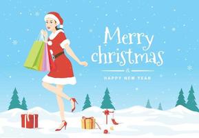 Vector illustration with A beautiful woman in Santa Claus costume holding shopping bags on ice snow and many gift boxes of the Merry Christmas and Happy New Year