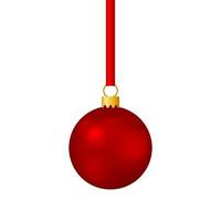 Red christmas ball on ribbon . Vector illustration