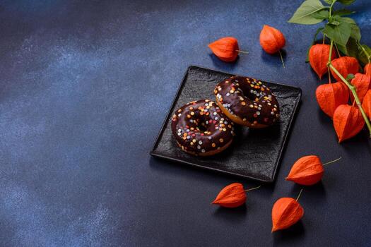 concepto de pasteles. donuts con glaseado de chocolate con chispas, sobre una mesa de hormigón oscuro foto