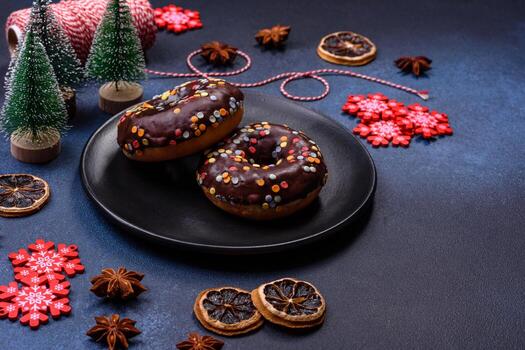 concepto de pasteles. donuts con glaseado de chocolate con chispas, sobre una mesa de hormigón oscuro foto