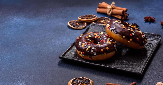 concepto de pasteles. donuts con glaseado de chocolate con chispas, sobre una mesa de hormigón oscuro foto