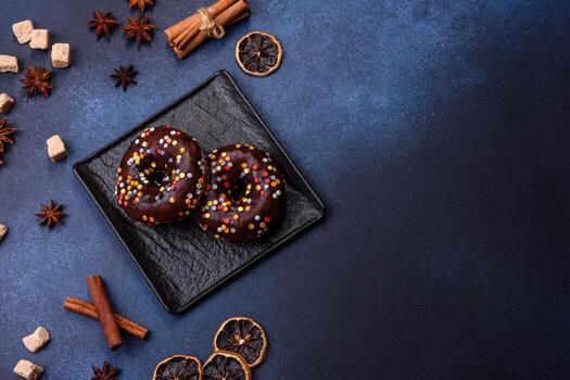 concepto de pasteles. donuts con glaseado de chocolate con chispas, sobre una mesa de hormigón oscuro foto