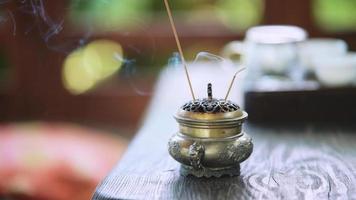 Tea ceremony performed on outdoor terrace video