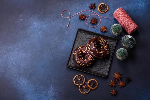 concepto de pasteles. donuts con glaseado de chocolate con chispas, sobre una mesa de hormigón oscuro foto